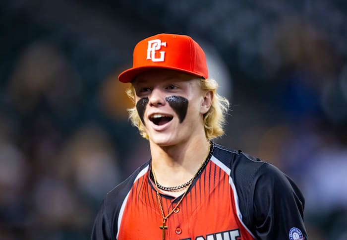 Aug 28, 2022; Phoenix, Arizona, US; West outfielder Max Clark (3) during the Perfect Game All-American Classic high school baseball game at Chase Field. Mandatory Credit: Mark J. Rebilas-USA TODAY Sports